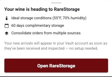 K&L order confirmation showing bottles heading to RareStorage