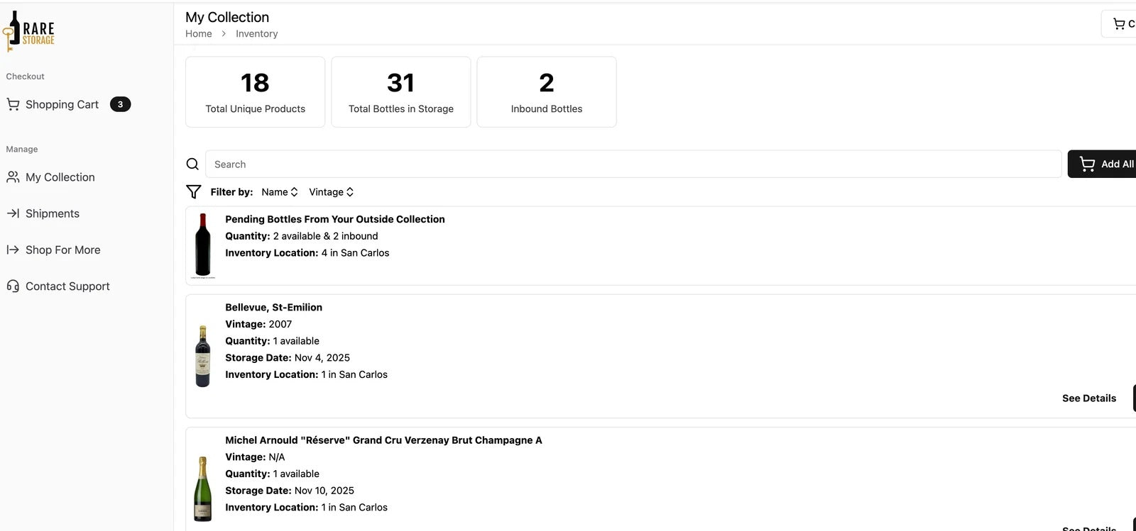 RareStorage Vault portal — your collection at a glance