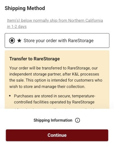 K&L checkout page with the RareStorage shipping option selected