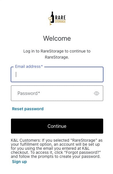 RareStorage Vault login screen